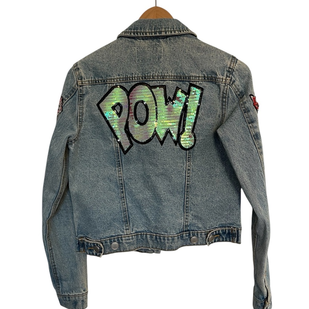 DD77 jeans jacket custom made POW💥 diamond and cat  sequin patches sz small